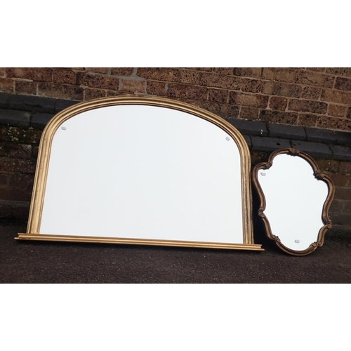 775 - A ROCOCO STYLE GILT CARTOUCHE MIRROR 59 x 47cm, and a gilt overmantel mirror 114 x 80cm (2)