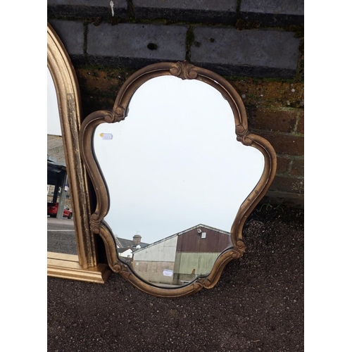 775 - A ROCOCO STYLE GILT CARTOUCHE MIRROR 59 x 47cm, and a gilt overmantel mirror 114 x 80cm (2)