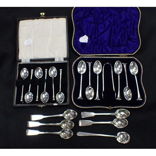 419 - TWO CASED SETS OF SILVER TEASPOONS AND OTHERS with a collection of silver plate including dishes, te... 