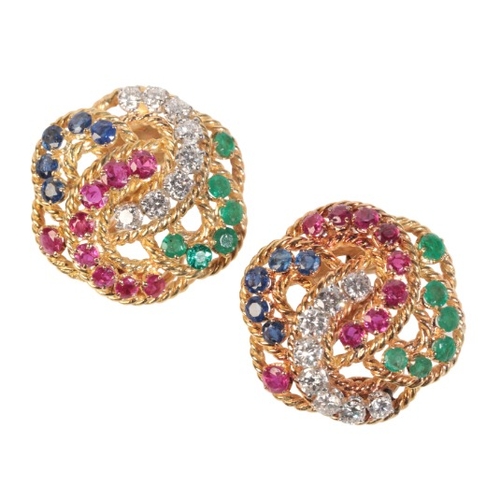 186 - A PAIR OF MULTI-GEM AND DIAMOND EARRINGS

in 18ct gold, each set with round cut rubies, emeralds, sa... 