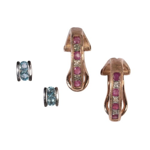 188 - TWO PAIRS OF GEM-SET EARRINGS

including a pair of ruby and diamond half hoop earrings in 9ct gold, ... 