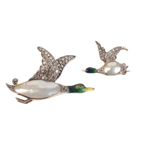 200 - A PAIR OF ANTIQUE DIAMOND AND ENAMEL DUCK BROOCHES

in 18ct gold and silver; both set with a blister... 