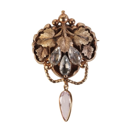 202 - AN EARLY VICTORIAN AQUAMARINE AND PINK TOPAZ BROOCH

hand chased in 15ct gold, circa 1830s, designed... 
