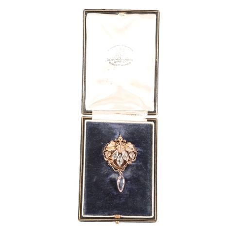 202 - AN EARLY VICTORIAN AQUAMARINE AND PINK TOPAZ BROOCH

hand chased in 15ct gold, circa 1830s, designed... 