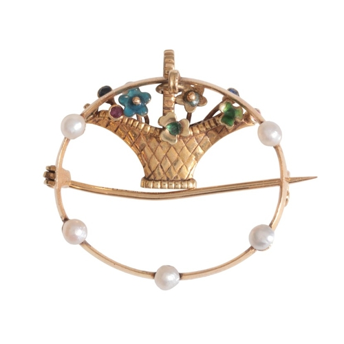 207 - AN ANTIQUE PEARL, SAPPHIRE AND RUBY GIARDINETTO BROOCH

in 15ct gold, designed as a basket of flower... 