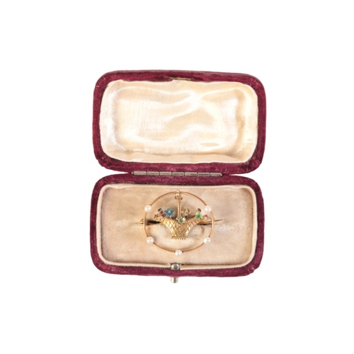 207 - AN ANTIQUE PEARL, SAPPHIRE AND RUBY GIARDINETTO BROOCH

in 15ct gold, designed as a basket of flower... 