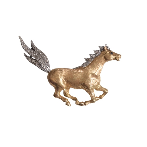 209 - A VINTAGE DIAMOND HORSE BROOCH

in 18ct gold, bushed textured body, set mane and tail set with round... 