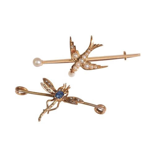 221 - TWO ANTIQUE BROOCHES

including a swallow brooch in 15ct gold, with a swallow motif, set throughout ... 