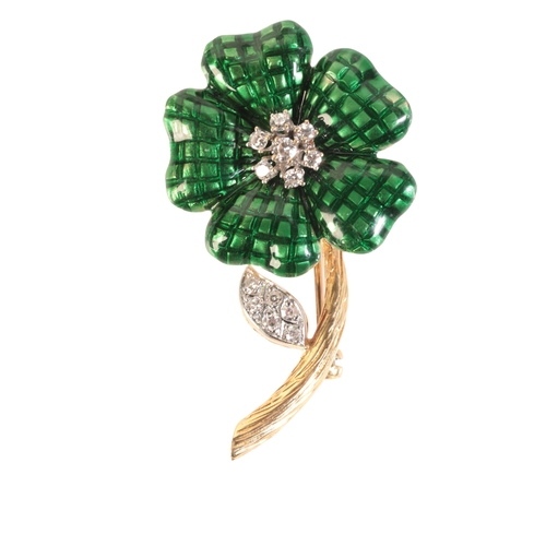 225 - A VINTAGE ENAMEL AND DIAMOND FLOWER BROOCH

in 18ct gold, circa 1970s, the petals set with green ena... 