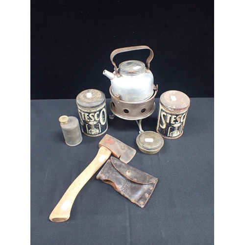 106 - A BOY SCOUTS AXE with a Sirram camping stove, a Stesco camping stove in tin and another Stesco tin