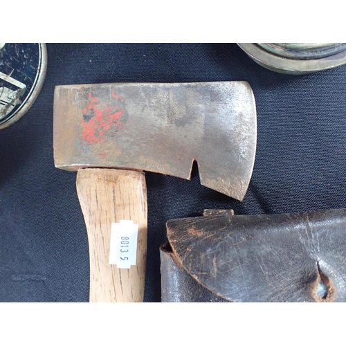 106 - A BOY SCOUTS AXE with a Sirram camping stove, a Stesco camping stove in tin and another Stesco tin