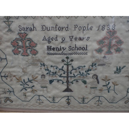 12 - A 19TH CENTURY NEEDLEWORK SAMPLER 'SARAH DUNFORD POPLE 1838' 'Aged 9 Years Henly School', with verse... 