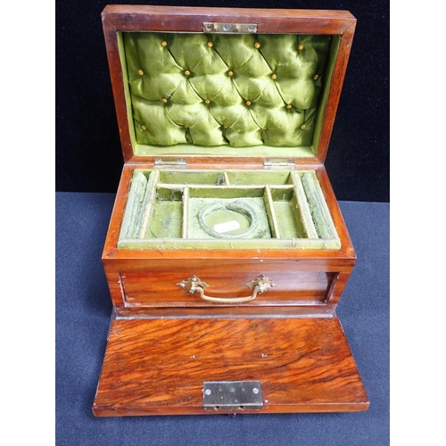 13 - A VICTORIAN WALNUT JEWELLERY BOX with fitted top compartment and fall-front enclosing a drawer, 22cm... 