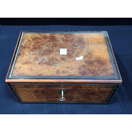 155 - A VICTORIAN BURR WALNUT WRITING BOX with inlaid stringing and mother-of-pearl shield