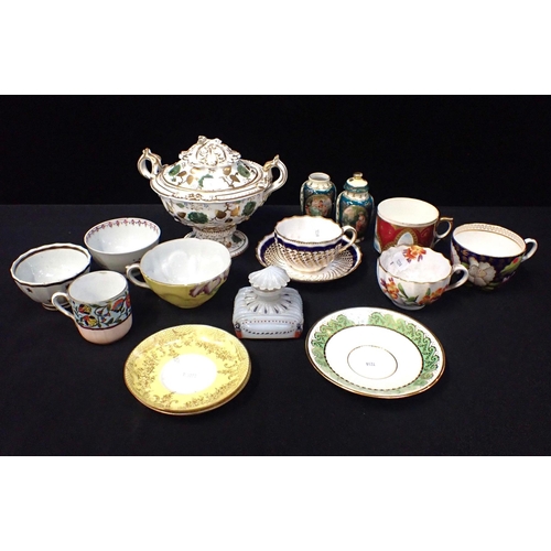 166 - A COLLECTION OF CREAMWARE LATTICE CERAMICS with jasperware and other items and a heart-shaped silver... 