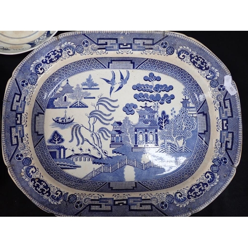 179 - TWO LARGE BLUE AND WHITE WILLOW WEDGWOOD MEAT PLATES with two German stoneware vases, and other item... 