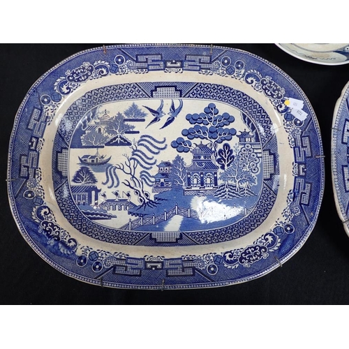 179 - TWO LARGE BLUE AND WHITE WILLOW WEDGWOOD MEAT PLATES with two German stoneware vases, and other item... 