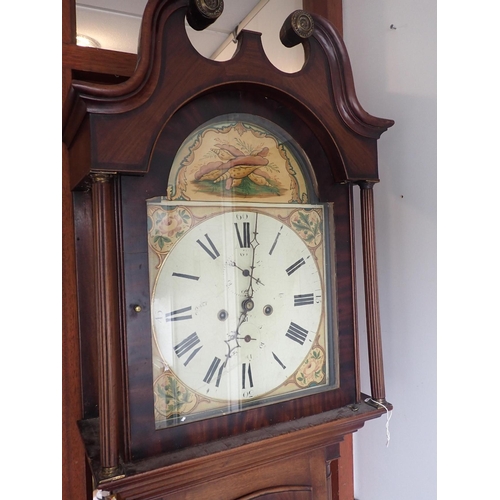 291 - A 19TH CENTURY MAHOGANY LONGCASE CLOCK eight day movement, with 33cm painted arched dial, the case w... 