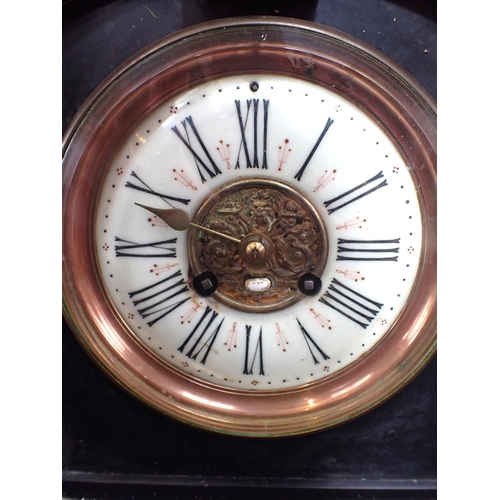 294 - A VICTORIAN SLATE-CASED MANTEL CLOCK striking on a gong, with pillared case, with plaque, presented ... 