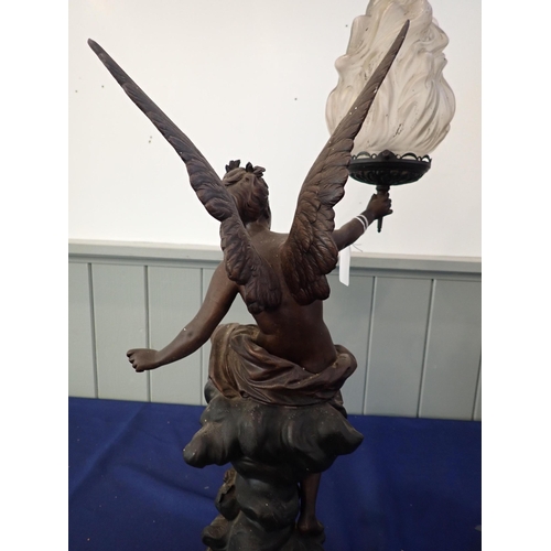 310 - A WINGED MAIDEN TABLE LAMP with flambe style shade after Bouret