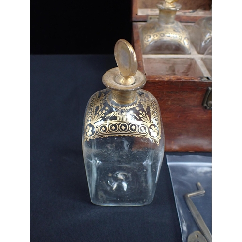 317 - A SET OF FOUR GILDED GLASS DECANTERS, IN AN OAK CASE early 19th century (case a/f, gilt worn)