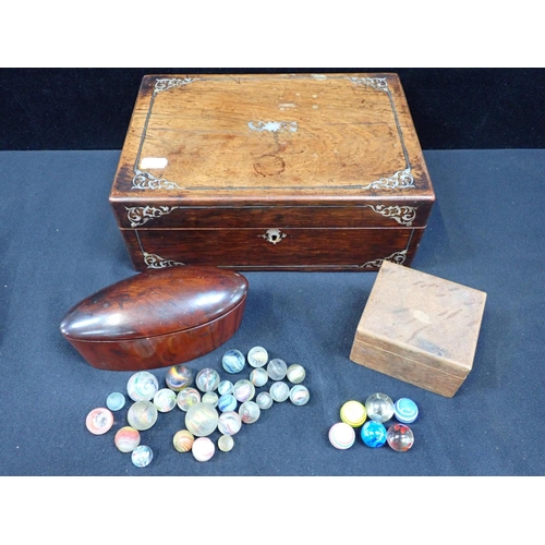 337 - A VICTORIAN ROSEWOOD DRESSING BOX mother of pearl inlaid, with fitted interior, a small box made fro... 