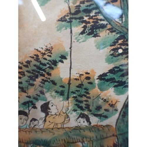 446 - JAPANESE PRINT, SMOKING TIGER AND RABBIT with magpie looking on, 48 x 62cm and another rural village... 