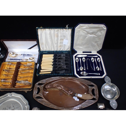 449 - A COPPER BRUSH AND TRAY with a cased set of fish knives and forks, a silver backed brush and other p... 