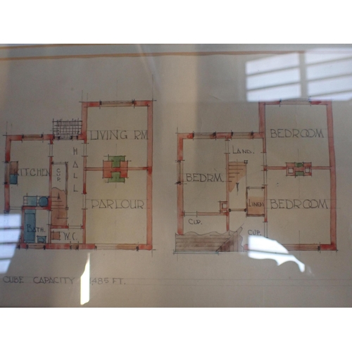 54 - THREE FRAMED ARCHITECT'S PLANS for two houses and a bungalow, mid-20th century, with a framed Instit... 