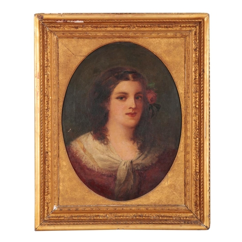 673 - ENGLISH SCHOOL, 19TH CENTURY; A shoulder length portrait of a young lady wearing a shawl and with a ... 