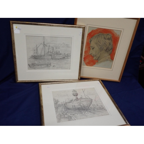 709 - PETER COURTNEY: WEYMOUTH HARBOUR, 1954 graphite drawing, with another, and a portrait of Roger Peers... 