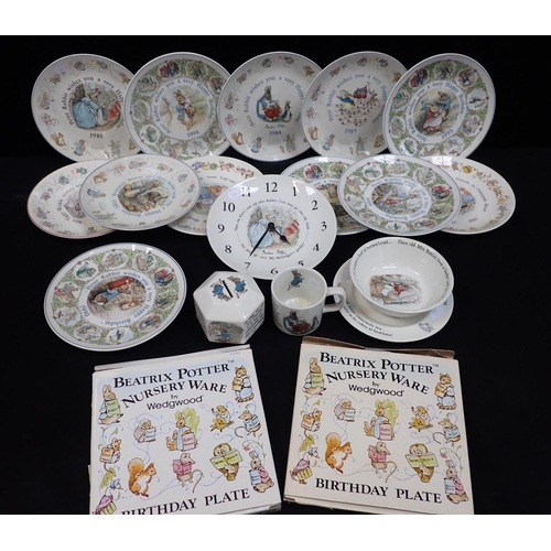 71 - A COLLECTION OF BEATRIX POTTER BIRTHDAY PLATES 1981 - 94 )some boxed) a Wedgwood Peter Rabbit clock,... 