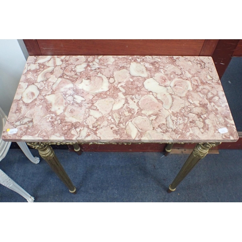 802 - A GILT PAINTED HALL TABLE WITH SIENNA MARBLE TOP 61cm wide (some loss to moulded decoration)