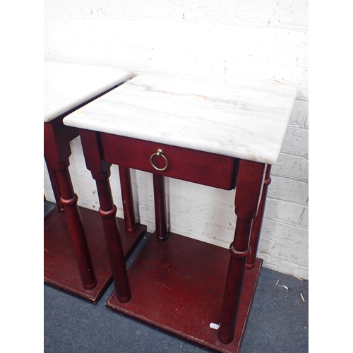 813 - A PAIR OF WHITE MARBLE-TOPPED SIDE TABLES fitted a drawer, with shelf under, each 40cm wide (one top... 