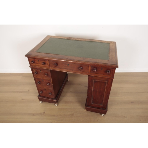 833 - A VICTORIAN MAHOGANY PEDESTAL DESK of small proportions, on white ceramic casters 92cm wide