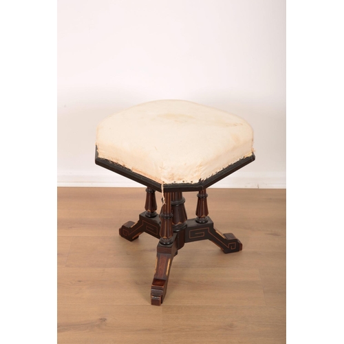 845 - A VICTORIAN EBONISED AND PARCEL GILT PIANO STOOL in the manner of Lamb of Manchester, the octagonal ... 