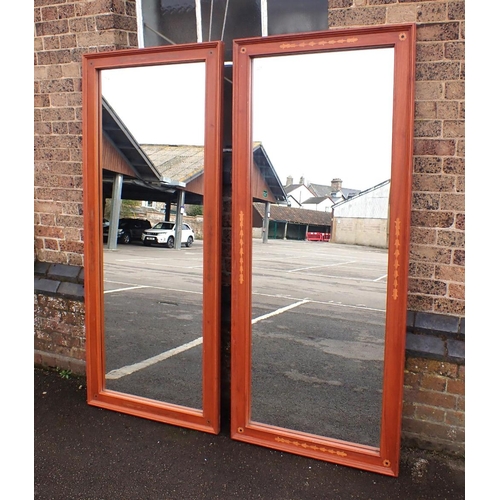 859 - A LARGE PAIR OF WALL MIRRORS with inlaid frames, each 77 x 184cm