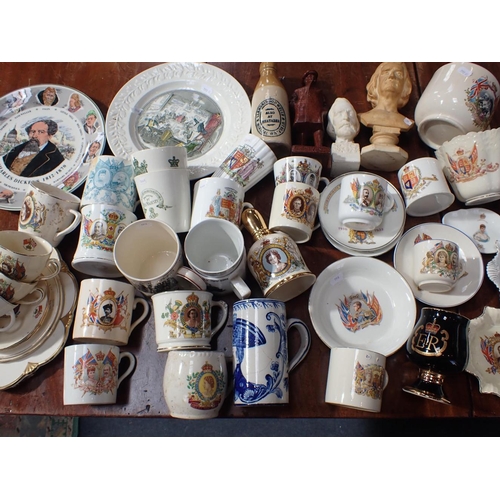 95 - A TINGLAZE MUG DEPICTING NELSON (badly damaged), a collection of Royal commemorative ceramics, busts... 