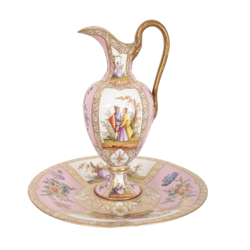 445 - A VIENNA PORCELAIN EWER AND STAND

19th century, the ewer decorated with panelled design of figures ... 