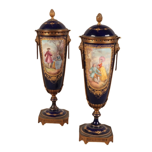 446 - A PAIR OF SÈVRES PORCELAIN VASES AND COVERS

18th century, with ormolu mounts and lion 's mask handl... 