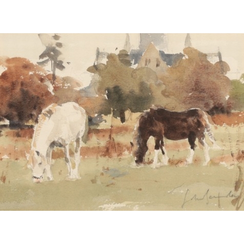 147 - *JOHN YARDLEY (b. 1933) Ponies grazing

signed lower right, watercolour, 16.5cm x 23cm 

Provenance:... 