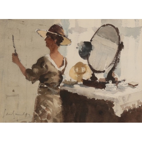 148 - *JOHN YARDLEY (b. 1933) A study of a woman trying on hats in an interior

signed lower left, waterco... 