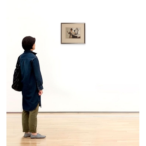 148 - *JOHN YARDLEY (b. 1933) A study of a woman trying on hats in an interior

signed lower left, waterco... 