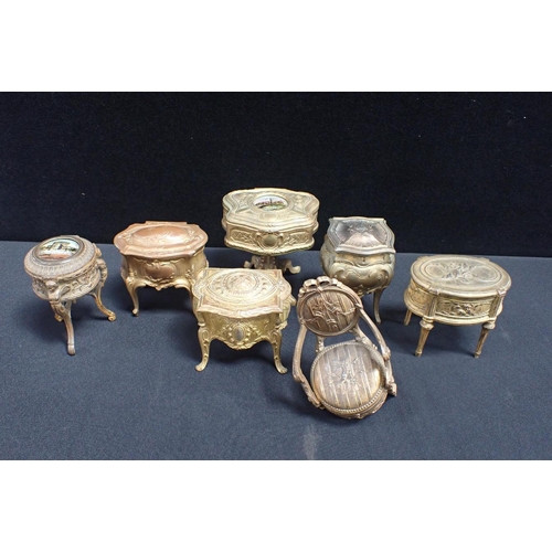 32 - SEVEN FRENCH CAST METAL NOVELTY TRINKET BOXES in the form of furniture, two with souvenir views, bet... 