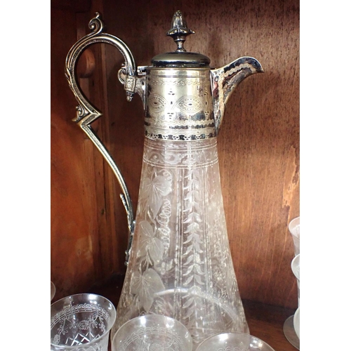 34 - A VICTORIAN CLARET JUG WITH PLATED MOUNT, AND A SUITE OF TABLE GLASS with etched and cut decoration;... 