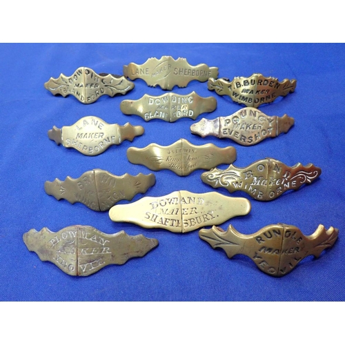 526 - A COLLECTION OF HORSE NOSEBAND PLATES, NAMED for makers at Blandford, Evershot, Sherborne, Wincanton... 