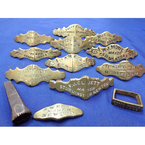 527 - A COLLECTION OF HORSE NOSEBAND PLATES, NAMED for makers at Cerne Abbas, Sturminster Newton, Maiden N... 