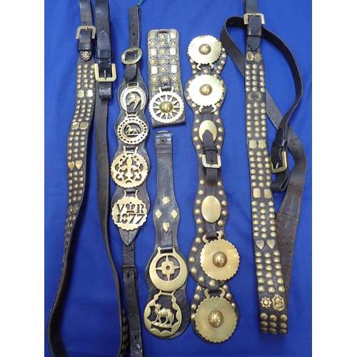 523A - A MARTINGALE, WITH HORSE BRASSES INCLUDING 'VR 1877' other stamped and cast brasses, and long straps... 