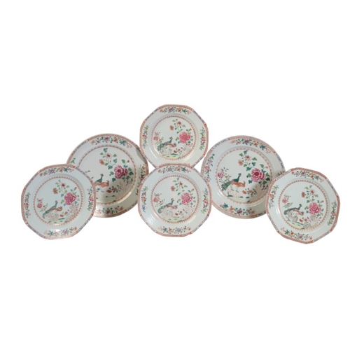 142 - A SET OF SIX CHINESE EXPORT PLATES

18th century, decorated with peacocks and peonies, including two... 