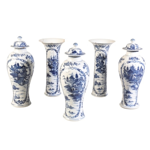 163 - A CHINESE EXPORT GARNITURE

Qianlong, with three slender baluster vases and lids decorated with land... 